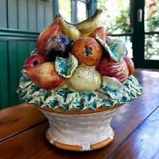Majolica Ceramic Fruit Vegetable Basket Tureen Hand Painted Italy Mid-Century  picture