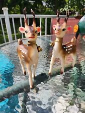 2 Vintage MCM Rubber Swivel Head Christmas Reindeer Figurines Bells Japan 8.5