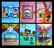 ODD ART ORIGINAL SET: 6x Media Collage + Pastel Drawing Lot, Postcard Game Comic picture