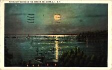 Moonlight Scene on Harbor Sea Cliff L. I. NY White Border Postcard Posted 1938 picture