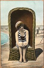 Beach Bathing Beauty in Striped Swimsuit Wicker Chair Antique Postcard 1907 picture