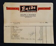 1936 antique EXIDE BATTERIES manheim pa RALPH SNAVELY automobile parts BILLHEAD picture
