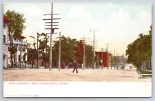 Salt Lake City Utah~State Street~Man Crosses Street~Trolley in Distance~c1905 PC picture
