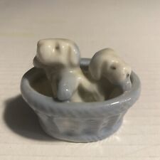 Vintage Miniature Porcelain Blue And White Puppies In A Basket Figurine Trinket picture