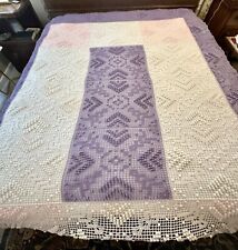 Vintage Hand Crocheted Bed Spread Coverlet Purple Pink White 94”x92” King picture