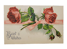 Best Wishes Antique 1908 Floral Red Roses Pink Ribbon Postcard Cancel Stamp picture