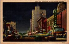 Linen Postcard Night View of Business Section Street Scene in Lansing, Michigan picture