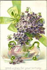 Tucks, Violets in Vase Green Ribbons All Good Wishes Birthday c1907 Postcard W29 picture