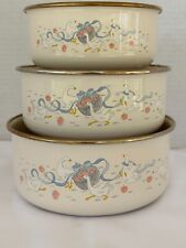 Vintage 3 Lincoware Enamel Nesting Bowls Happy Geese/duck w/Blue Ribbon country picture