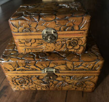 2 Vintage Hand Carved Wooden Boxes Jewelry Trinket Flowers and Bird Motif picture