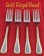 4 WALLACE GOLD ROYAL BEAD SALAD FORKS GLOSSY LUXURY STAINLESS 7 1/8” RETIRED picture
