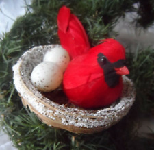Vintage Christmas Decor/Ornament -WIRE-ON CARDINAL BIRD IN NEST w/REAL FEATHERS  picture