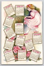 Happy New Year 1911 Calendar Months Little Girl Pink Roses Embossed Postcard picture