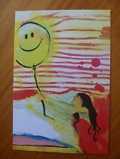 POSTCARD...HAPPY TUMMY....GIRL IN RED DRESS WITH BALLOON..SMILEY FACE..ARTISITC picture