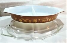 1962 2 Pc Early American Brown/Gold PYREX Split Casserole Dish picture