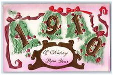 1910 New Year Ringing Bells Holly Berries Ribbon Airbrushed Antique Postcard picture