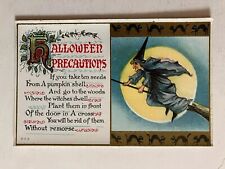 Postcard Halloween Precautions Witch On Broom Moonlight Black Cats #383 picture