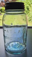 Vintage ATLAS Strong Shoulder Mason Canning Jar - 1 Quart Aqua Green-Atlas Lid picture