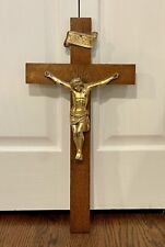 Lg Antique Vintage Oak Wood & Gilt Metal Hanging Crucifix of Jesus Christ 21