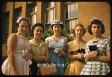 Orig 1950s Red Border SLIDE Pretty Women Wearing Pretty Dresses & Gloves picture