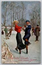 Couple Man Woman Ice Skating Dancing Pond Art Postcard 1907 TSN 932 New Year's picture