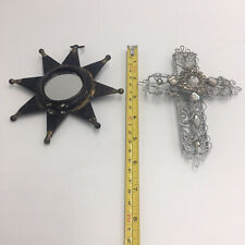 2 Vintage Christmas Ornaments Metal Bedazzled Jeweled Silver Cross Star w/Mirror picture