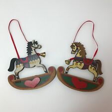 Rocking  Horse Christmas Ornaments 1991 Kurt Adler Wooden Set of 2 Handcrafted picture