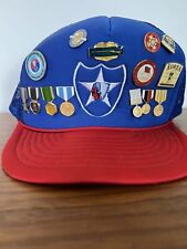 VINTAGE VETERAN Hat 14 Military Pins Korea War Indian Chief Estate 2nd Infantry picture