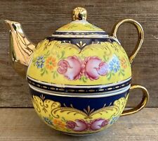 Vtg.Sorelle Fine Porcelain Personal Teapot & Cup For One Pink Roses Gold Accents picture
