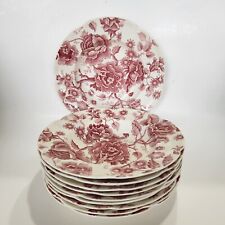 Vintage English Chippendale Johnson Red Pink 8 in Rim Soup Bowls Set of 10 picture