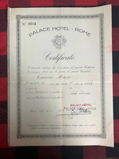 1929 VINTAGE DOCUMENT WORK CERTIFICATE PALACE HOTEL ROME WITH SIGN  C2-2 picture