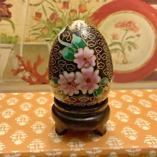 Small Black Floral Cloisonne Egg~w/Stand~Colorful~Hand Crafted~Lovely~FREE SHIP~ picture