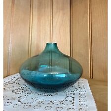Vintage Aqua Blue Glass Low Vase Ikebana Orchid Bulbous Bud Vase picture