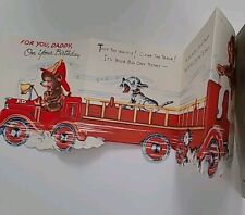 1953 Vtg Flocked FIREMAN PUPPY Dog in 4 foldout FIRE TRUCK DADDY BIRTHDAY CARD picture