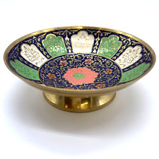 Vintage Cloisonne Floral Brass Pedestal Bowl Round Footed Metal Enamel Dish 5