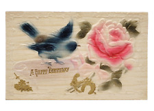 A Happy Birthday 1910s Beautiful Airbrushed Rose Bird Luck Tokens Postcard picture