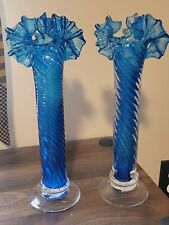 PEOPLES REPUBLIC OF CHINA (TAIWAN)  BLUE ART GLASS RUFFLED TOP VASES SET OF 2 picture