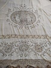 Antique french linen cotton lace embroided figured certain or tablecloth  575 picture