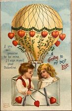 Valentines Day Sweet Children in Hot Air Balloon Antique Postcard c1910 picture