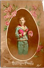 Postcard French Easter Hand Colored - Heureuses pâques Boy with Egg and Flowers picture