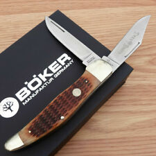 Boker Folding Hunter Knife Stainless Steel Blades Brown Bone Handle + Sheath picture