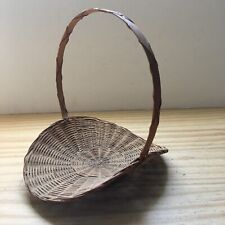 Rare Vintage 1950s Hand Woven Bamboo Shallow Basket Tray w/ Long Handle 8