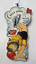 SCUBA DIVING GIRL, FISH, DEEP DOWN I NEED YOU Glitter VALENTINE ORNAMENT Vtg Img picture