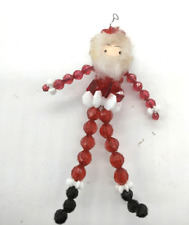 2 Vintage Handmade Beaded Ornaments Wired Posable Santa & Safety Pin Angel picture