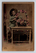 RPPC Portrait Young French Child Pink Flowers Hand Colored Real Photo Postcard picture