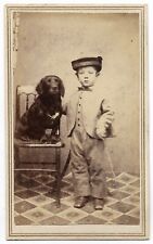 Antique BOY W/ DOG Wearing Hat & Cane ORIGINAL CDV PHOTO Victorian Pet Portrait picture