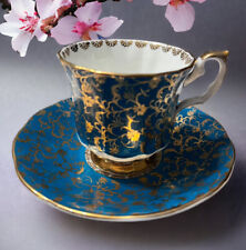 Elizabethan Teacup & Saucer~ Turquoise Teal Blue/Gold Rare Pattern GORGEOUS picture
