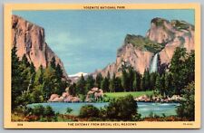 Yosemite National Park Gateway Bridal Veil Meadows Mountains Linen VTG Postcard picture