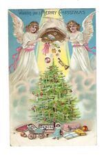 c1909 Christmas Postcard Angels Dropping Gifts Under Tree, Embossed picture
