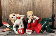 Pair Of Vintage Ceramic Teen Telephone Ponytail Girl & Boy Figurines Japan picture